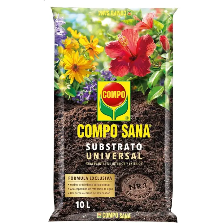 Sustrato Universal de calidad con 6 a 8 semanas de abono para plantas de interior, terraza y jardín, Substrato de cultivo de 10L y 40L - Compo Sana - 1