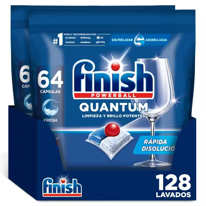 Finish Powerball Quantum, 128 Pastillas para Lavavajillas, Limpieza y Brillo Potentes, Aroma Limón, Formato 2x64 - 1
