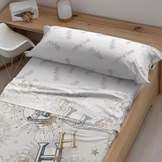 BL BELUM   Juego de sábanas Harry Potter, Juego de sábanas con almohada y bajera estampadas 100% algodón modelo HPotter Gold Beige  . - 1