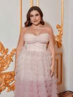 Vestido De Fiesta Tubo De Malla Con Encaje Y Ombre plus Size Para Mujer Sin Cintura Estilo Exquisito Para Eventos De Noche - details 1