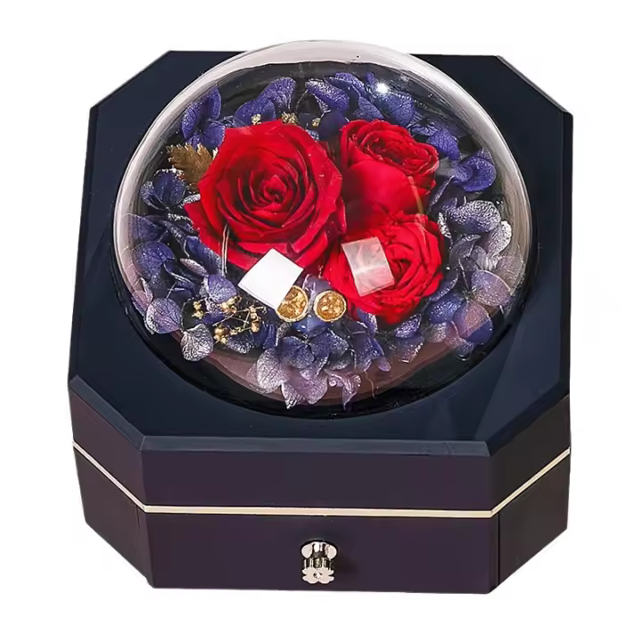 Caja de Flores eternas para San Valentín, Caja de joyería con Anillo, Caja de reglio de joyería con tapa de Vidrio, Caja de joyería con caja octogonal de una capa - 1