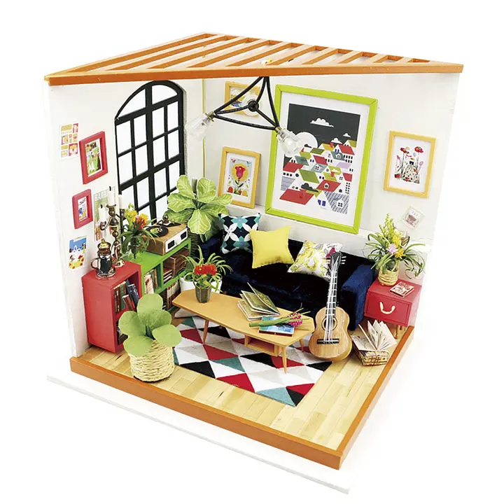 DAM. Sala de estar Locuss. Casa de muñecas maqueta de madera para pintar y montar. 20x18,5x18,7cm - 1