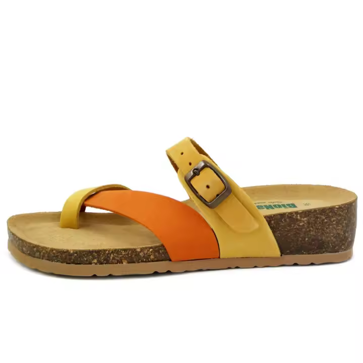 Sandalias Chanclas para Mujer en Piel Amarilla y Naranja, Cuña Baja - 1