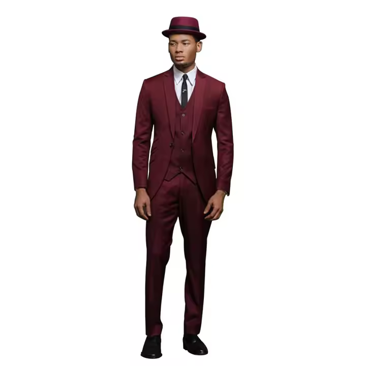 Traje De Boda Para Hombre En Bordeón 3 Piezas Con Notch Lapel Y Botones Unicos Pantalón Y Chaleco Vestido Para Fiesta De Negocios Y Promedio - 1