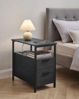 Mesa auxiliar multifuncional con multienchufe, diseño compacto con 2 cajones, ideal como mesita de noche, almacenamiento adicional para salón y dormitorio, disponible en gris ahumado o marrón rústico - details 8