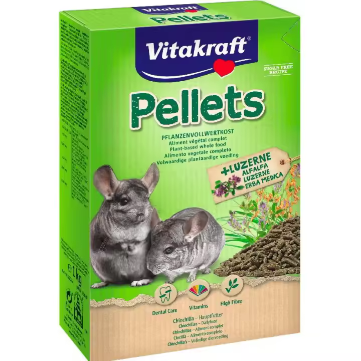 Vitakraft Menú Pellets Chinchilla 1 Kg - Ideal para el Cuidado Básico - Contiene Malta - Alto Contenido en Fibra - 1