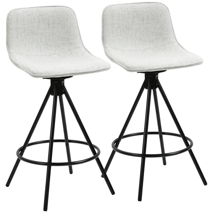 HOMCOM Juego de 2 Taburetes Altos de Cocina con Asiento Giratorio Taburetes de Bar Tapizada en Tacto de Lino con Respaldo y Patas de Acero para Comedor 41,5x47,5x90 cm Gris Claro - 1