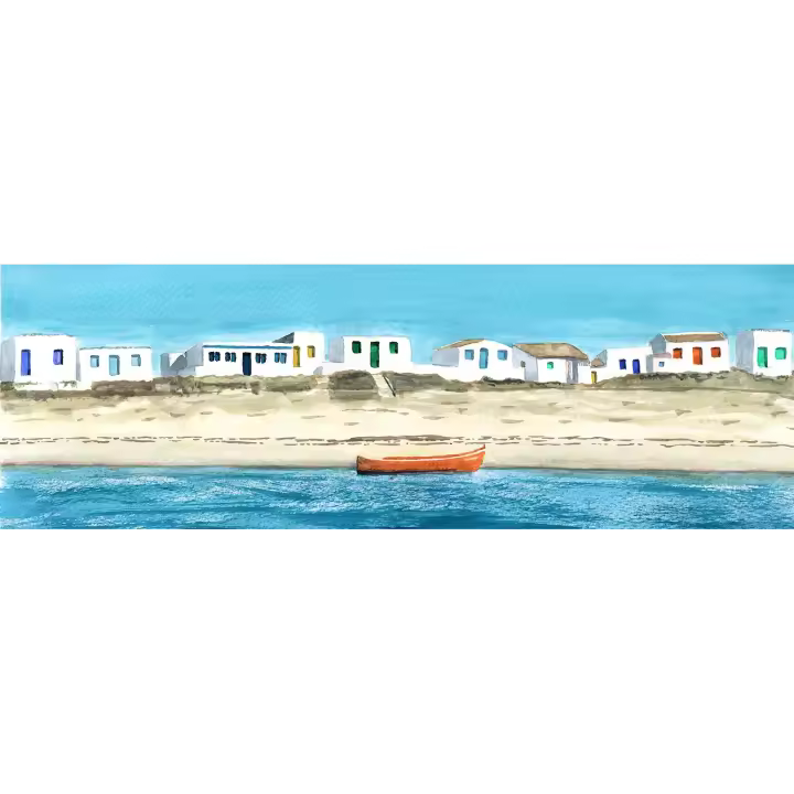 Cuadro decorativo horizontal grande  "CULATRA"180x60 190x65 salón comedor pasillo lienzo Alta Calidad acuarela marina  arena azules rojo amarillo verde turquesa bote rojo horizonte casas blancas ventanas de colores isla Casa playa Ref ANA DURAN A 035 - 1