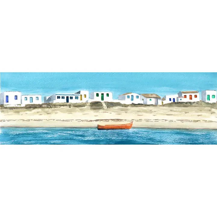 Cuadro decorativo horizontal grande  "CULATRA"180x60 190x65 salón comedor pasillo lienzo Alta Calidad acuarela marina  arena azules rojo amarillo verde turquesa bote rojo horizonte casas blancas ventanas de colores isla Casa playa Ref ANA DURAN A 035 - 1