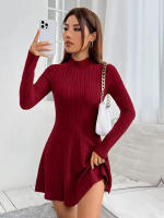 Vestido De Mujer Ajustado Con Cuello Alto Mitad A-line Falda Larga Manga Completa Rayas Vestido De Oficina Lady Cintura Empírica - details 2