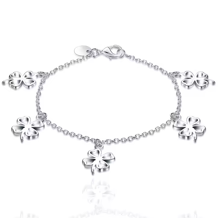 925 Sterling Silver Lucky Heart Clover Pendant Chain Bracelet for Women's Charm Fashion Jewelry Valentine's Day Gifts - 1