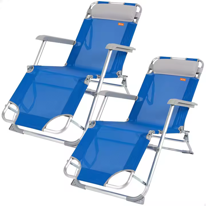 Aktive - Pack 2 tumbonas plegables, respaldo reclinable 3 posiciones, 153x47x33/75 cm, azul, de aluminio y textileno, con cojín y topes antivuelco, máx. 110 kg, tumbonas de playa plegables, accesorios verano - 1