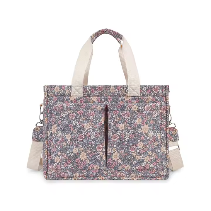 Bolso floral con gancho para que la madre y el bebé salgan, bolso de cochecito de un solo hombro, almacenamiento de pañales de algodón y ligero con gran capacidad - 1