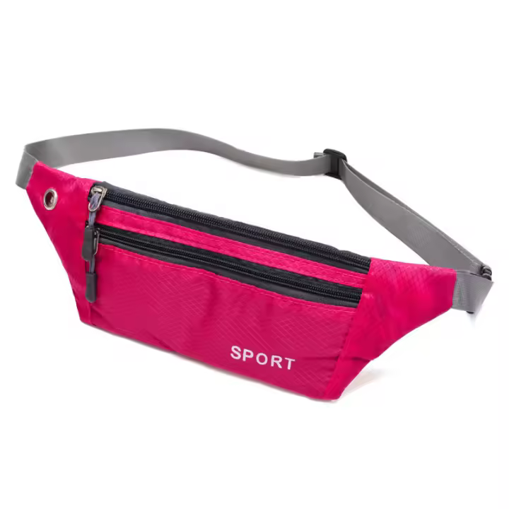 Bolsa de tres cremallera, cinturón/correa ajustable, hebilla de seguridad, conector para auriculares, impermeable, bolsillo para billetera/documento-Rosa Roja - 1