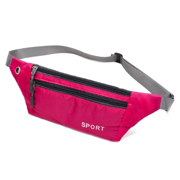 Running three-zip waist bag, adjustable belt/strap, safety buckle, headphone jack, waterproof, wallet/document pocket - Rose Red - 1