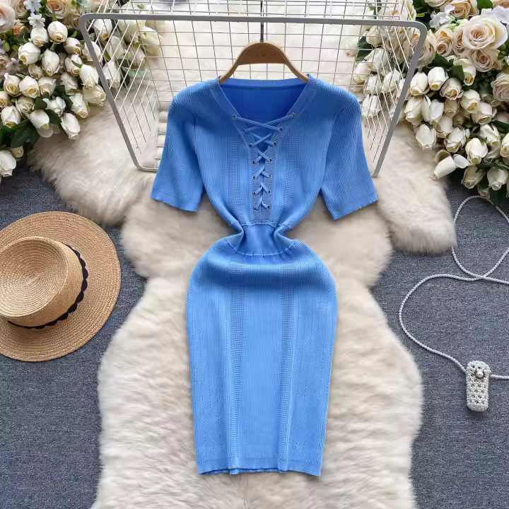 Vestido Bodycon Elegante De Encaje Frontal REALEFT Para Mujer Verano 2024 Nuevo Estilo Vintage Slim V-Neck Longuerza Mini - 1