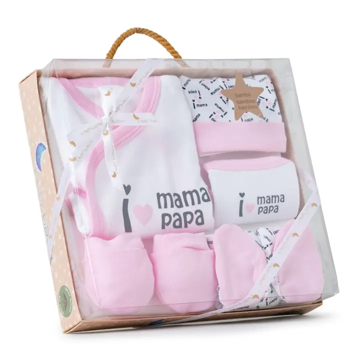 SET 5 PCS(CAMISA+CALÇA+LUVA+BAVETE+MEIAS)+RECÉM-NASCIDOS(0-6 MESES)-100%ALG.-MOD. MAMA-PAPA - ROSA - 1