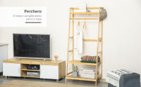 Perchero de Pie de Bambú Perchero Trapezoidal con Estantería de 3 Niveles con Barra y Colgador Lateral para Ropa Bolsas para Pared Dormitorio 70x42x164 cm Natural - details 0