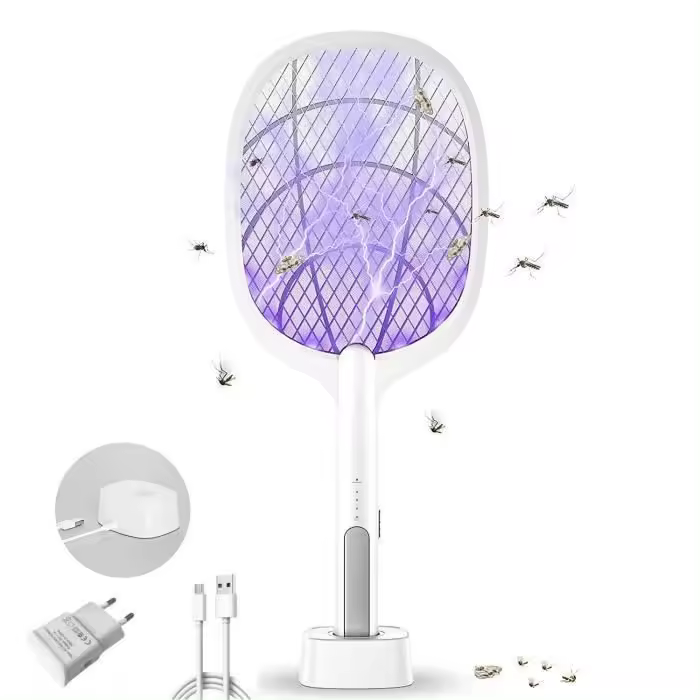 Raqueta Eléctrica para mosquitos - Recargable por USB - Función de visualización de agua-Blanco - 1