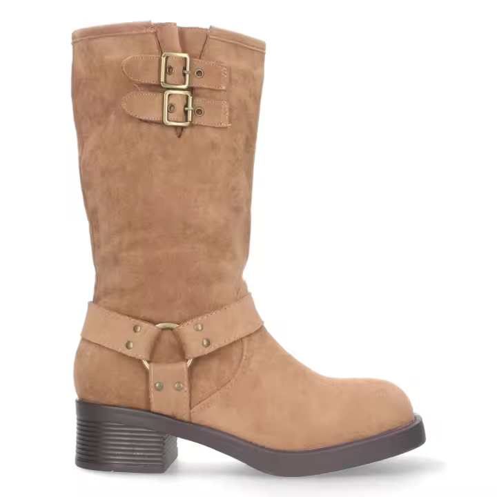 PuntoSalao Botas altas planas estilo moteras biker para mujer color marrón - 1