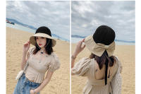 Sombrero De Verano Para Mujer COKK Tejido Al Hilo Transpirable Plegable Protección Solar Con Lazo Sombrilla Estilo Coreano Para Playa Viajes - details 1