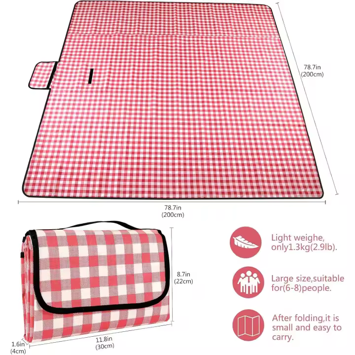 Manta de picnic impermeable para Playa, 200x200 cm, lavable, Ligera, con ASA, color Rojo a Cuadros - 1