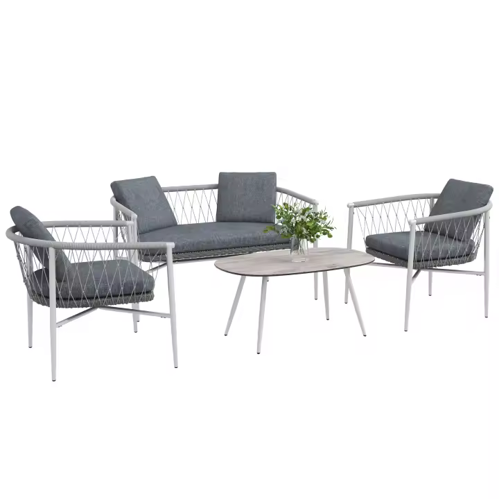 Outsunny Conjunto de muebles de jardín de ratán de 4 piezas, zona de estar con función mecedora, conjunto de jardín con 1 mesa de centro, 2 sillones, 1 sofá doble, cojines, conjunto de asientos para jardín, terraza, acero, gris - 1