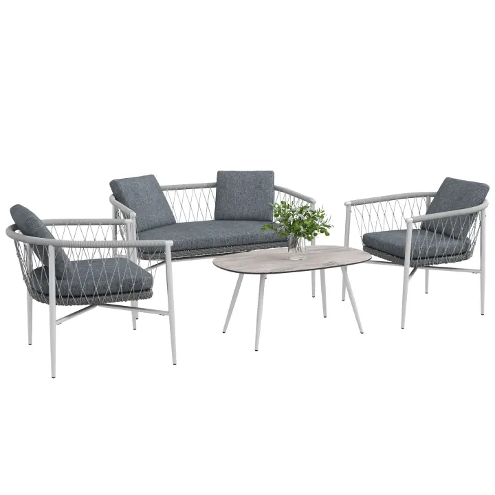 Outsunny Conjunto de muebles de jardín de ratán de 4 piezas, zona de estar con función mecedora, conjunto de jardín con 1 mesa de centro, 2 sillones, 1 sofá doble, cojines, conjunto de asientos para jardín, terraza, acero, gris - 1