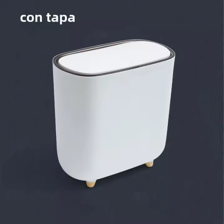 Bote de basura con anillo de prensa de forma estrecha con tapa para espacio de baño, resaltando las características de la clasificación de basura - 1