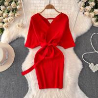 YuooMuoo Vestido De Suéter Tejido Para Mujer Primavera Verano Corto Elegante De Manchas De Alas Negras Bodycon Estilo Callejero Vestido Bandage - details 0