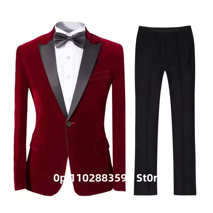 Traje De Veludo Para Hombre 2 Piezas Ajustado Con Chaqueta Y Pantalones Estilo Formal Para Bodas Y Fiestas Traje De Novio Con Parche De Cachemira - 1