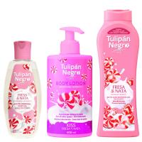 Tulipán Fresa Negra pack aceite corporal, loción corporal y gel de ducha 650 ml hidratación intensa, suavidad y dulce aroma frutal para tu cuidado diario. cuida tu piel con tulipán negro, los mejores productos para tu piel y cuerpo para el baño. - details 0