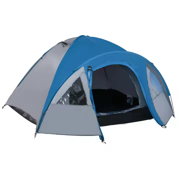 Outsunny Tienda de Campaña para 3-4 Personas Tienda de Camping con Ventanas 2 Bolsillos y Bolsa de Transporte 250x300x130 cm Gris y Azul - 1