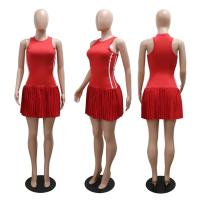 Vestido Mini De Verano Casual Deportivo Para Mujer 2025 Sin Mangas Cuello Redondo Slim Estampado Lateral Elástico Plegado A-line Clubwear - details 1