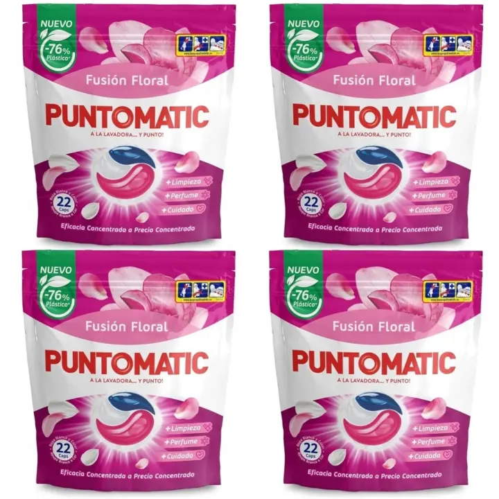 PUNTOMATIC 22 Cápsulas Tricámara Floral, Pack Ahorro 4x22 Total 88 Lavados, Detergente Lavadora Para Ropa Blanca y De Color, Quitamanchas - 1