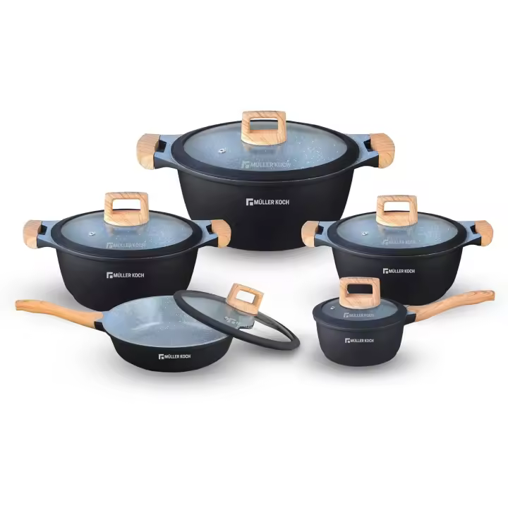 Müller Koch MK-5013 - Batería de cocina (10 piezas, tapa de cristal, para inducción, aspecto de madera) - 1