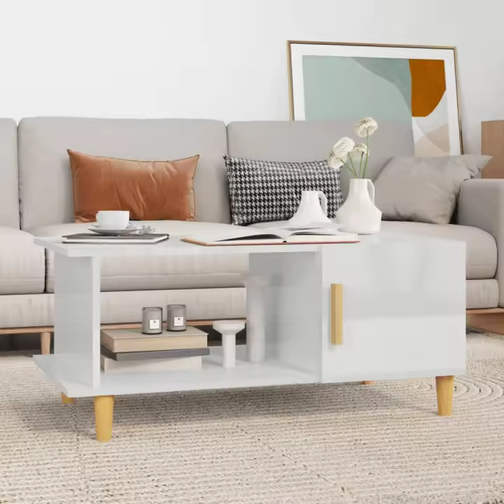 vidaXL Mesa de centro madera contrachapada blanco brillo 90x50x40 cm - 1