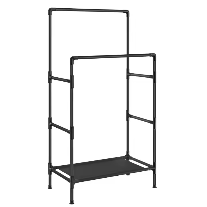 SONGMICS Burro Ropa, Perchero Burro de Metal con 2 Barras Colgantes, con un Estante de Almacenamiento, Capicidad de Carga 55 kg, Montaje Fácil, Blanco/Gris/Negro - 1