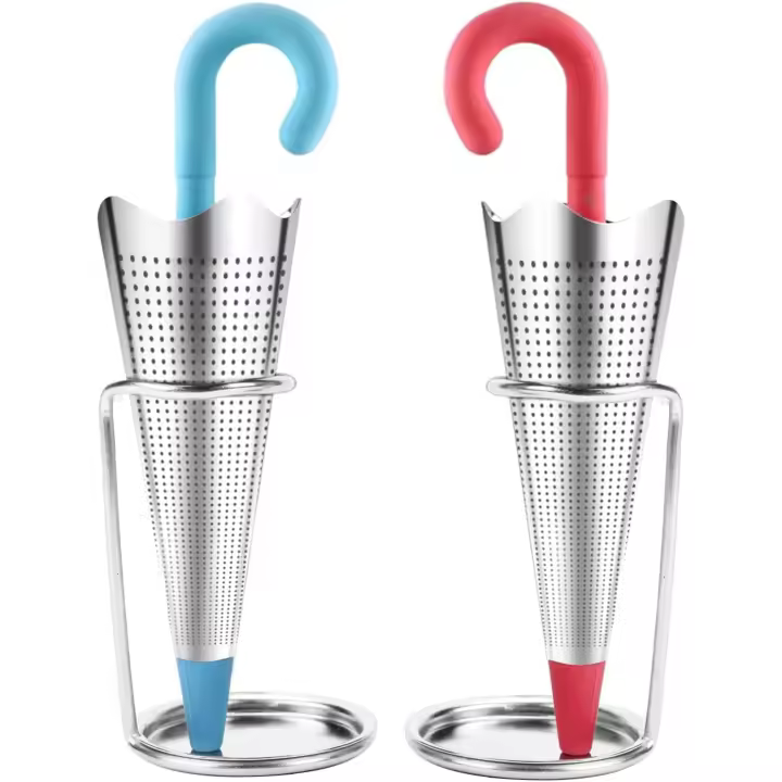 2 infusores de té reutilizables con forma de paraguas y bandeja antigoteo para Jarras y teteras. Colador de Malla FINA de Maple inoxidable (Rojo Azul y). - 1