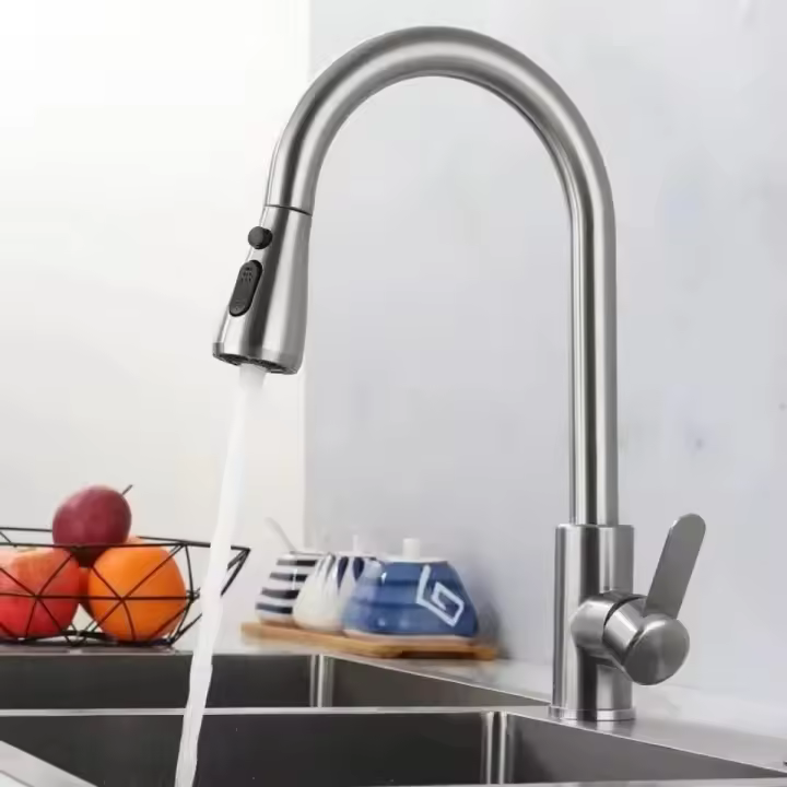 Grifo De Cocina De Acero Inoxidable 304 Con Mangue Pull out Y Rotación De 360 Grados Tope Único Regulador De Mano Tapa De Rociador Móvil Para Fregadero - 1