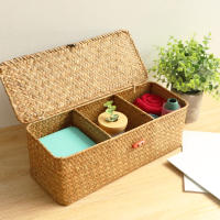 Cesta De Almacenamiento Tejida a Mano Con Tapa Para Ropa Y Polvo Caja Rectangular Organizador De Sundries Con 3 Secciones - details 6