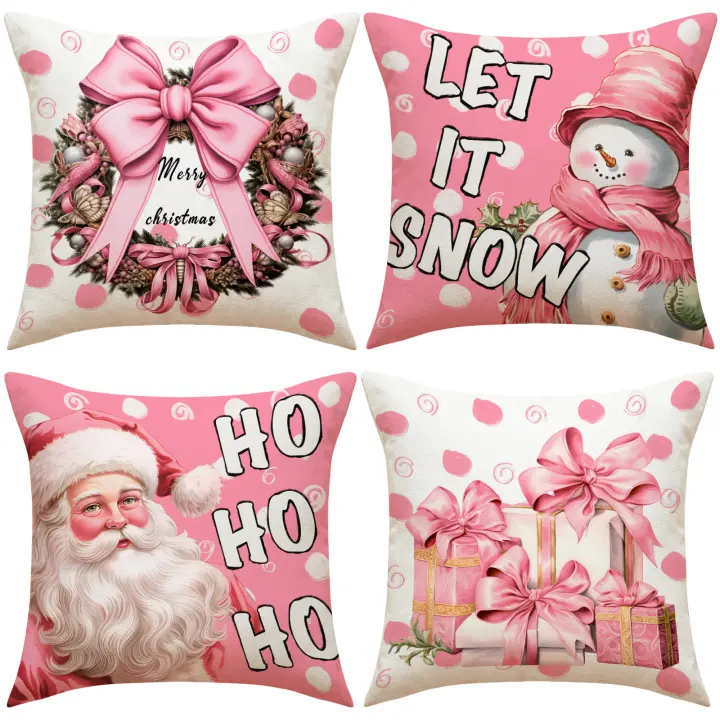Juego de 4 fundas de almohada de Navidad, fundas de impresión de Lino simple para la decoración de Vacaciones en casa - 1