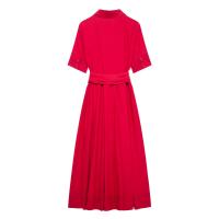 Vestido Largo Rojo Casual Elegante Para Mujer Con Cinturón Y Bolsillos Manga Corta Estilo Vintage Primavera Verano Sin Estirar Polyester - details 2