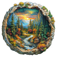 Puzzle 3D De Madera En Forma Circular Paisaje De Bosque Con Atardecer Regalo De Decoración Para El Hogar Juego Familiar - details 2
