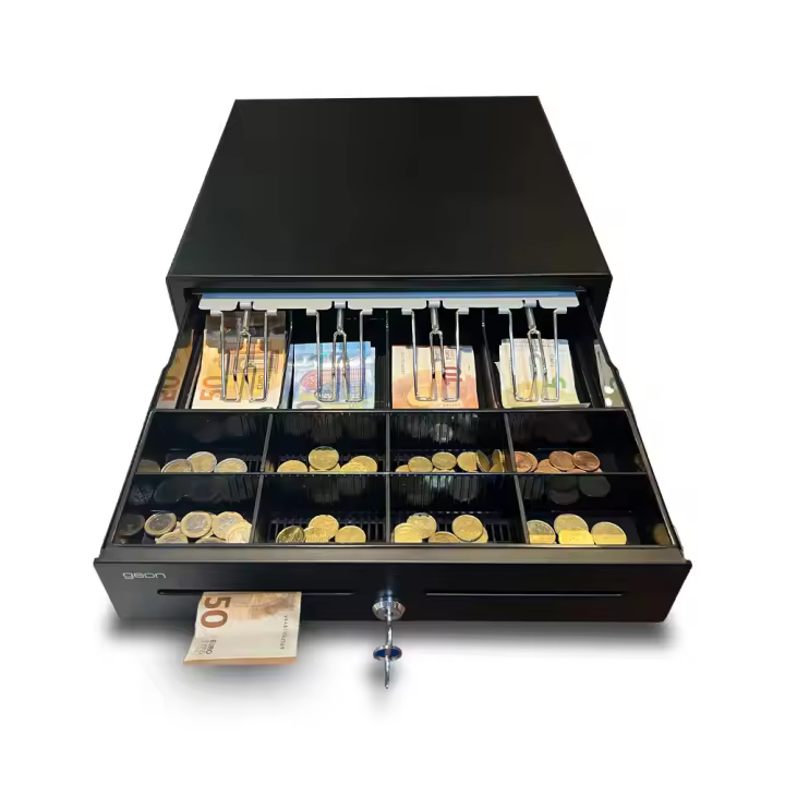 Cajón Portamonedas Caja Registradora - Apertura Automática RJ11 o Manual con Llaves - Organizador de Dinero 4 Compartimentos para Billetes 8 para Monedas - 41x41cm - Estructura Metálica - Color Negro - 1