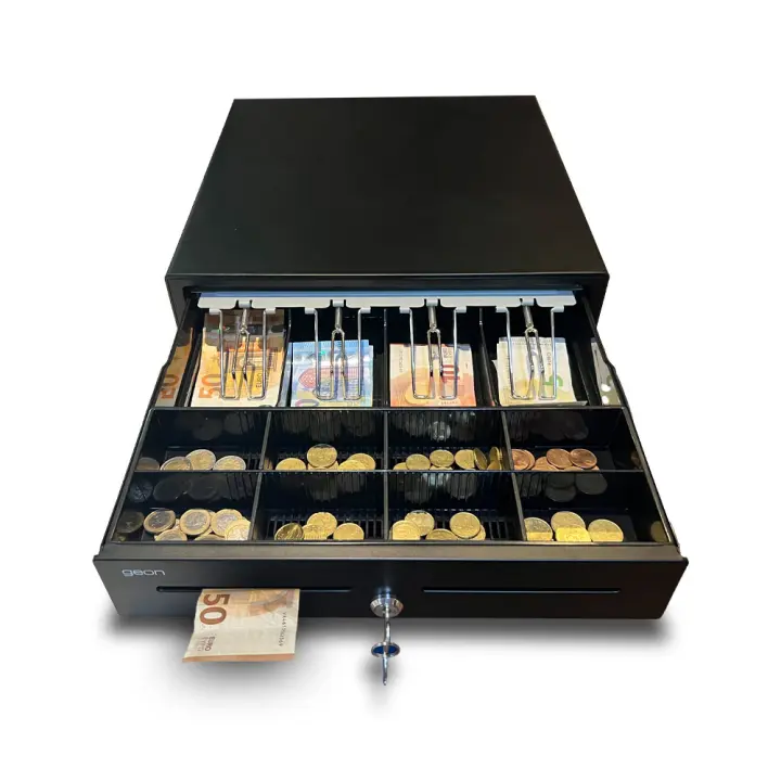 Cajón Portamonedas Caja Registradora - Apertura Automática RJ11 o Manual con Llaves - Organizador de Dinero 4 Compartimentos para Billetes 8 para Monedas - 41x41cm - Estructura Metálica - Color Negro - 1