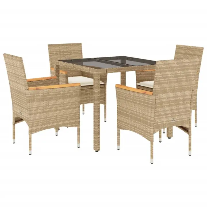 vidaXL Set comedor jardín 5 pzas cojines ratán sintético vidrio beige - 1