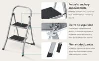 SONGMICS Escalera Plegable, Escalera con 2 Peldaños, Bloqueo de Seguridad, Fácil de Guardar, Carga hasta 150 kg, Gris Paloma/Blanco Simple - details 2