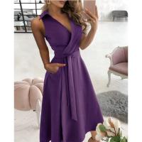 Vestido Largo Casual De Verano Para Mujer Tallas S-2XL V-Neck Sin Mangas Elegante Con Cinturón Estilo A-Line Color Sólido - details 1