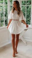 Vestido Blanco De Verano Casual Con Bordado Floral Vestido Mini Sin Espalda Vestido De Fiesta Poliéster A-Line O-Neck Manga Flare - details 19